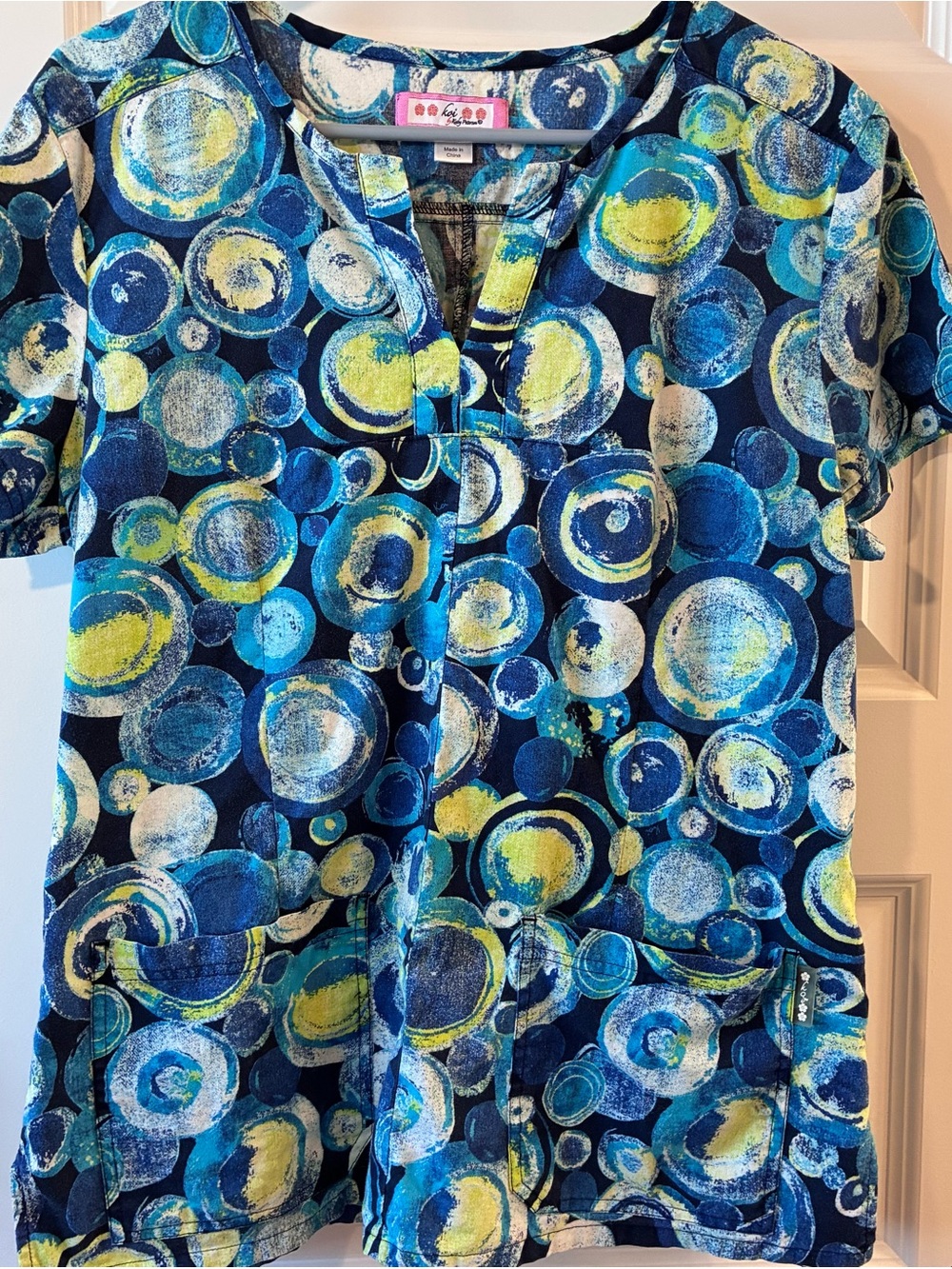 Koi Blue and Gold Circular Women’s Scrub Cotton Top